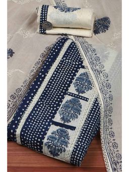 Biba - Women Indigo Cotton Printed Embroidered Unstitched Kurta With Bottom & Dupatta