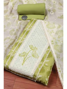 Biba - Women Light Green Cotton Printed Embroidered Unstitched Kurta With Bottom & Dupatta
