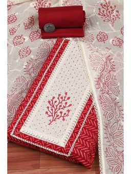 Biba - Women Red Cotton Printed Embroidered Unstitched Kurta With Bottom & Dupatta
