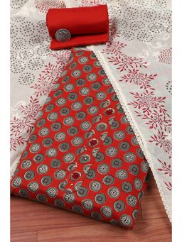 Biba - Women Red Cotton Printed Embroidered Unstitched Kurta With Bottom & Dupatta