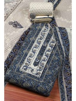 Biba - Women Blue Cotton Printed Embroidered Unstitched Kurta With Bottom & Dupatta