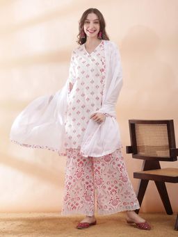 Globus - Women Pink V-Neck Scalloped Ethnic Print Kurti With Palazzo & Dupatta