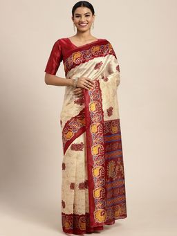 Akhilam - Womens Art Silk Cream Printed Designer Saree with Unstitched Blouse