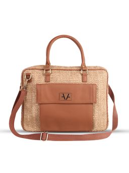 Avake - Unisex Brown Straw Laptop Bag with Detachable Strap