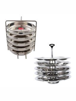 USHA SHRIRAM - Set of 2- 1 SS Round Idli Maker 4 Plates & 1 Dhokla Maker with 4 Plates