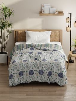 KOPA - Micro Single Bed Comforter (Denim Cotton Feel) Floral-White/Green/Blue (Single)