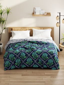 KOPA - Microfiber Double Comforter (Classic Cotton Feel) Floral-Green/Navy Blue (Queen)