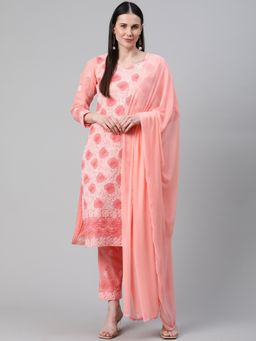 ADA - Hand Embroidered Lucknowi Chikankari Pink Cotton Unstitched Dress Material [A211150]