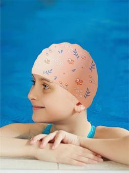 Little Surprise Box - Kids Peach Small Flower Print Swimming Cap