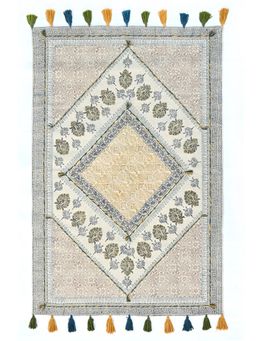 ART AVENUE - Jendueki Hand Block Printed Cotton Floor Rug with Tassels