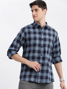 SHOWOFFFF - Mens Long Sleeves Spread Collar Tartan Checks Blue Slim Fit Shirt