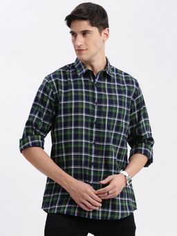 SHOWOFFFF - Mens Long Sleeves Spread Collar Tartan Checks Green Slim Fit Shirt