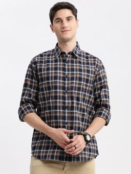 SHOWOFF - Mens Long Sleeves Spread Collar Tartan Checks Navy Blue Slim Fit Shirt