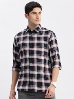 SHOWOFF - Mens Long Sleeves Spread Collar Tartan Checks Navy Blue Slim Fit Shirt