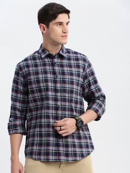 SHOWOFFFF - Mens Long Sleeves Spread Collar Tartan Checks Grey Slim Fit Shirt