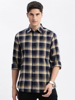 SHOWOFF - Mens Long Sleeves Spread Collar Tartan Checks Navy Blue Slim Fit Shirt