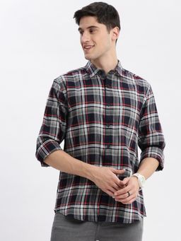 SHOWOFF - Mens Long Sleeves Spread Collar Tartan Checks Navy Blue Slim Fit Shirt