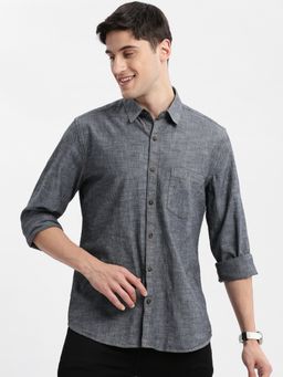 SHOWOFFFF - Mens Long Sleeves Spread Collar Solid Grey Slim Fit Shirt