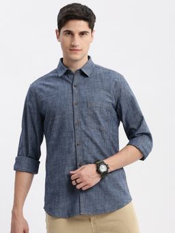 SHOWOFFFF - Mens Long Sleeves Spread Collar Solid Blue Slim Fit Shirt