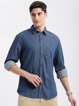 SHOWOFFFF - Mens Long Sleeves Spread Collar Solid Blue Slim Fit Shirt