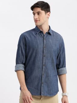 SHOWOFFFF - Mens Long Sleeves Spread Collar Solid Blue Slim Fit Shirt