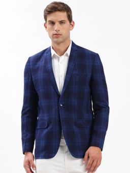 SHOWOFFFF - Mens Notched Lapel Checked Navy Blue Single-Breasted Blazer
