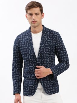 SHOWOFFFF - Mens Notched Lapel Printed Navy Blue Single-Breasted Blazer