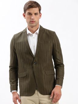 SHOWOFFFF - Mens Notched Lapel Striped Olive Single-Breasted Blazer