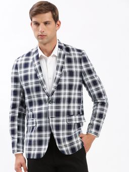 SHOWOFFFF - Mens Notched Lapel Checked Navy Blue Single-Breasted Blazer