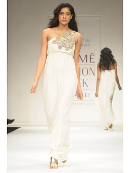 Payal Singhal - Zia White Embroidered One Shoulder Dress