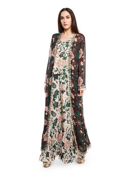 Payal Singhal - Brown Printed Jacket with Crop Top and Palazzo (Set of 3)