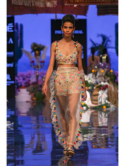 Payal Singhal - Beige Bustier with Short and Overlay Low Crotch Pant (Set of 3)