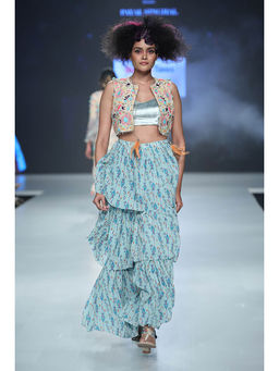 Payal Singhal - Blue Short Jacket with Bustier and Layered Sharara (Set of 3)
