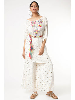 Payal Singhal - Off White Crepe Embroidered Kaftan with Palazzo and Belt (Set of 3)