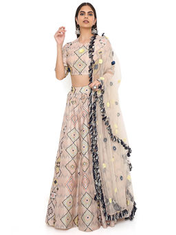 Payal Singhal - Beige Print Embroidered Blouse with Lehenga and Dupatta (Set of 3)