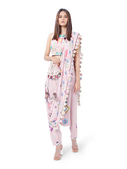 Payal Singhal - Pink Printed Top and Dhoti with Attached Drape (Set of 2)