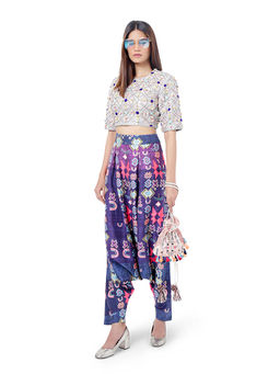 Payal Singhal - Purple Blue Embroidered Crop Top with Dhoti (Set of 2)