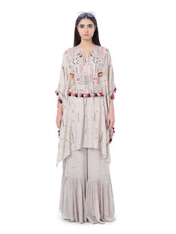 Payal Singhal - Grey Embroidered Kaftan with Belt and Frill Palazzo (Set of 3)