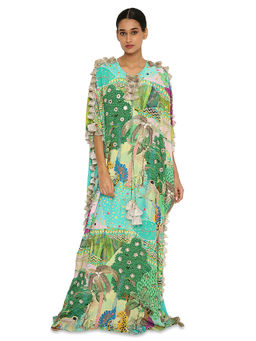 Payal Singhal - Green Print Crepe Embroidered Free Sized Kaftan Dress