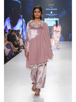 Payal Singhal - Azita Rose Pink Velvet Kurta with Bustier and Salwar (Set of 3)