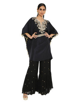 Payal Singhal - Black Embroidered Kaftan with Sharara and Belt (Set of 2)