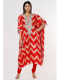 Payal Singhal - Red Embroidered Kaftan with Churidar (Set of 2)