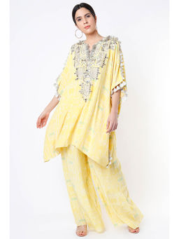 Payal Singhal - Yellow Embroidered Short Kaftan with Palazzo (Set of 2)