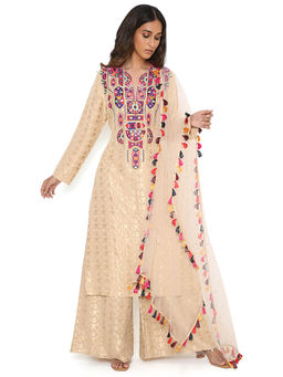 Payal Singhal - Beige Embroidered Kurta and Palazzo with Dupatta (Set of 3)