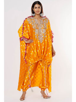 Payal Singhal - Yellow Embroidered High Low Kaftan and Pant (Set of 2)