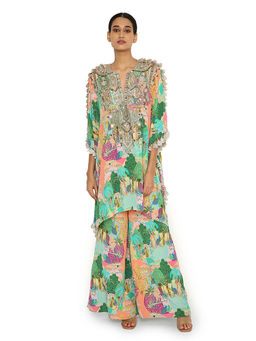 Payal Singhal - Green Print Embroidered Kaftan with Palazzo (Set of 2)
