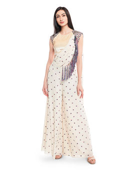 Payal Singhal - White Crop Top and Palazzo with Attached Drape Dupatta (Set of 2)