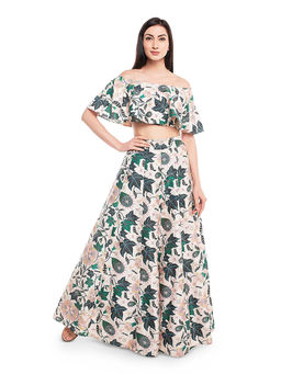 Payal Singhal - White Printed Ruffle Top with Lehenga (Set of 2)