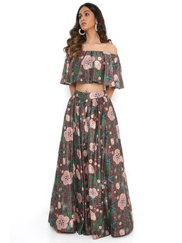 Payal Singhal - Brown Print Off Shoulder Ruffle Top with Lehenga (Set of 2)