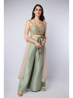 Payal Singhal - Green Tie-Up Blouse with Palazzo and Dupatta (Set of 3)